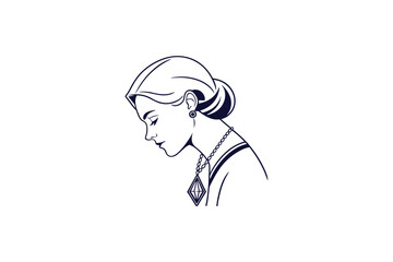 cute girl portrait with necklace pendant line art vector illustration