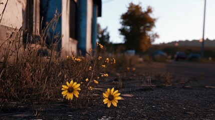 Vibrant wildflowers blooming beside a weathered building on a quiet rural road at sunset