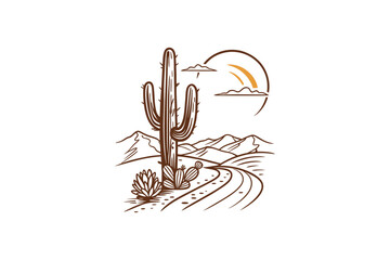 desert summer vibes cactus with sun line art vector illustration