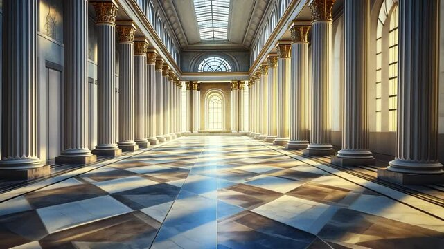 Grand Hallway, Majestic Pillars, Radiant Light, and Elegant Design