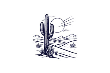 desert summer vibes cactus with sun line art vector illustration