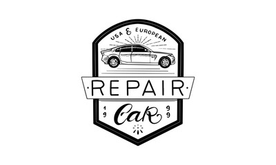 Car mechanic or auto repair shop for your brand. hand drawn emblems for business in garage service. engraved traditional badge