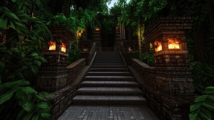 Lush Jungle Pathway Leading to Ancient Stone Steps Illuminated by Warm Lanterns