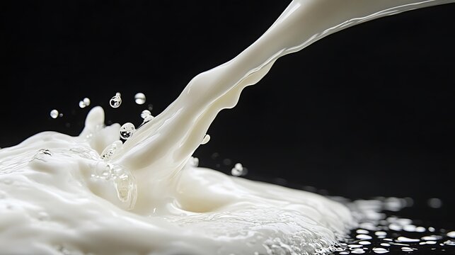 Milk Pouring with a Dynamic Splash on Black Background / 黒い背景にダイナミックな水しぶきを上げて注がれるミルク
