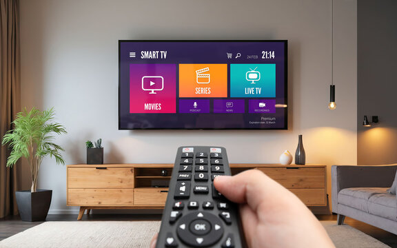 Watching TV, VOD service on TV. Streaming multimedia concept
