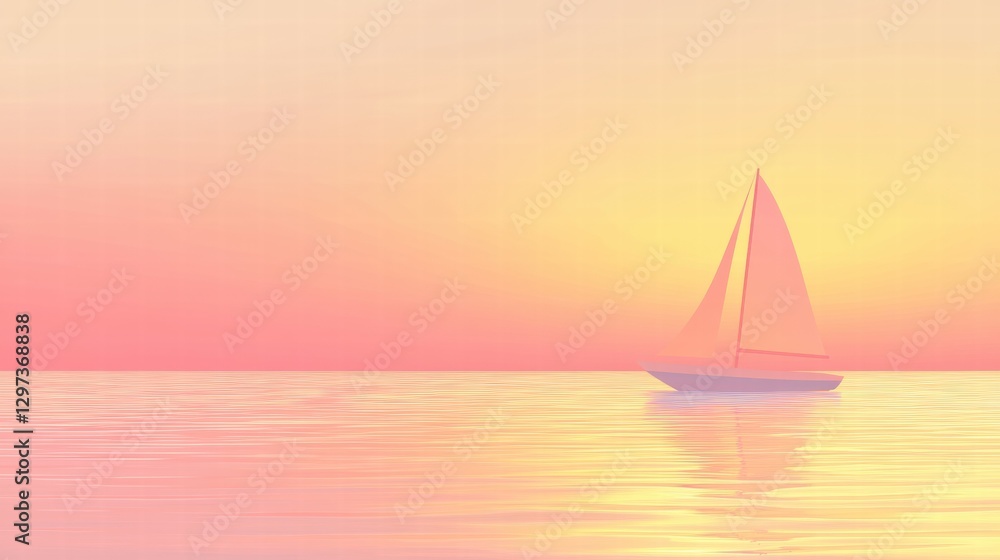 Aufkleber sailboat gliding on calm waters during a serene sunset with pastel hues illuminating the horizon. ge