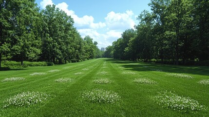 Obraz premium Sunny park path, green grass, trees, city view