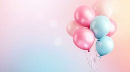 Pastel color background with floating balloons, soft lighting, generative ai