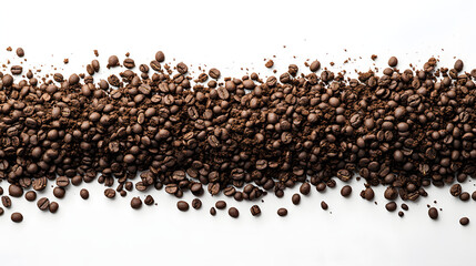 Naklejka premium High-resolution image of roasted coffee beans scattered across a white background, mixed with finely ground coffee