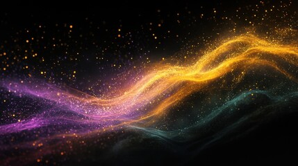 Naklejka premium Abstract Cosmic Waves of Golden and Purple Stardust: A Celestial Tapestry of Sparkling Particles