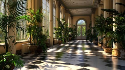 Elegant indoor corridor adorned with lush plants, showcasing natural light and classic architecture