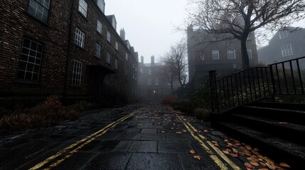 Obraz premium Foggy urban street scene with old brick buildings, wet pavement, and autumn leaves scattered