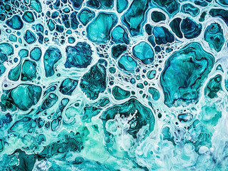 Abstract fluid art painting with teal, blue, green, and white colors. Swirling textures and organic shapes create a visually striking image.