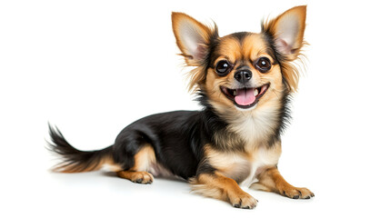 Obraz premium A small brown and black dog is laying on its back with its tongue out