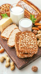 Naklejka premium Healthy Whole Grain Bread with Nuts and Milk for a Nutrient-Dense Breakfast, Rich in Fiber, Protein, and Brain-Boosting Nutrition