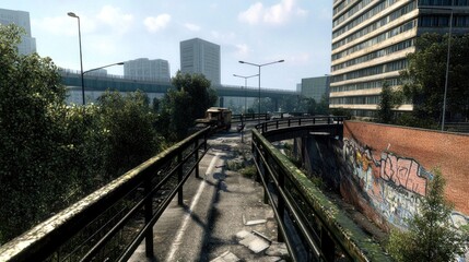 Fototapeta premium Abandoned urban landscape with overgrown vegetation and crumbling infrastructure under blue sky