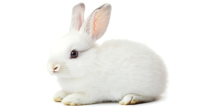 A white rabbit is sitting on a white background