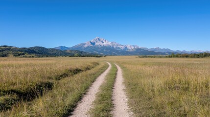 Fototapeta premium Mountain view, dirt road through field, clear sky, summer