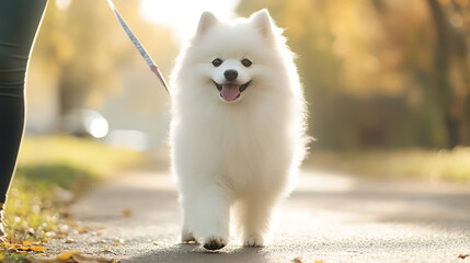Fototapeta premium A white dog is walking on a sidewalk with a leash