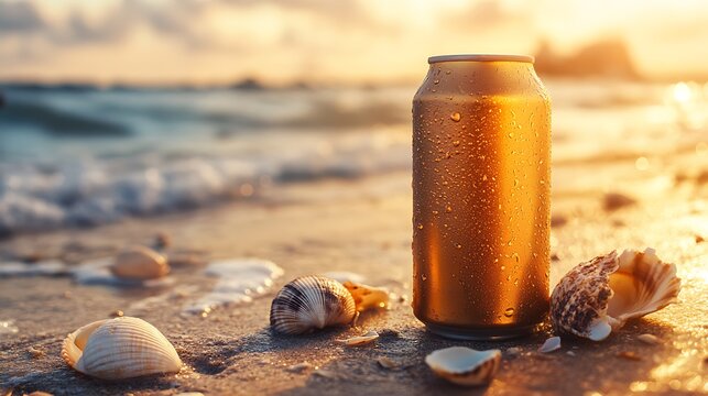 Beverage Can on Sandy Beach at Sunset / 夕暮れの砂浜に置かれた飲料缶