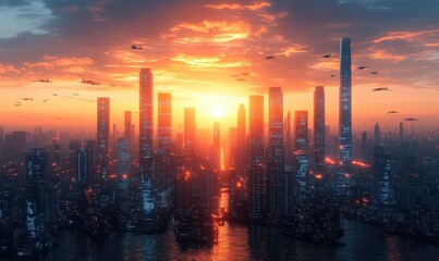 Naklejka premium Futuristic city skyline with sun and flying vehicles at sunset. Possible use Sci-fi background