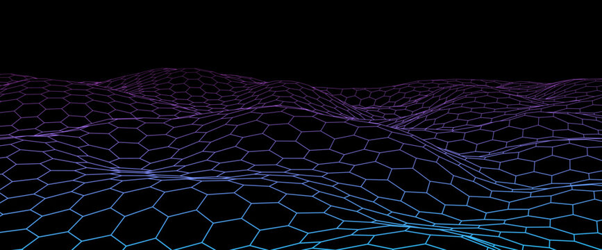 Abstract wavy background with honeycomb pattern. Technology design. Hexagon grid landscape. Vector illustration.