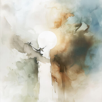 The creation of the world as God forms the heavens and the earth, light emerging from darkness, a biblical scene from the Old Testament (Genesis 1:1-3). Watercolor illustration