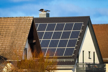 Solar panels installed on a contemporary house with a blue sky in the background during the daytime