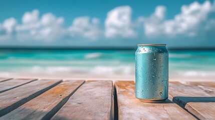 Naklejka premium Blue Soda Can on Beach Table / ビーチのテーブルに置かれた青いソーダ缶
