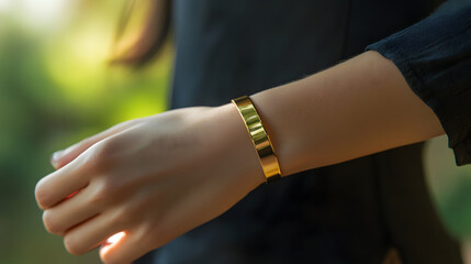 close up of hand wearing stylish gold bracelet, showcasing elegance and simplicity in natural outdoor setting. sunlight enhances bracelet shine, creating warm atmosphere