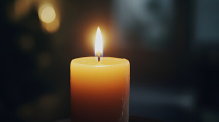 warm, glowing candle illuminates dark room, creating cozy atmosphere. flickering flame adds sense of tranquility and peace, perfect for relaxation or meditation