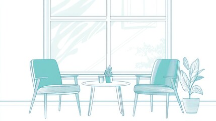 Fototapeta premium Interior sketch of a room with two chairs and a table by a window. Possible use stock illustration for design projects