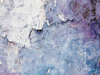 Close-up of a textured surface with peeling paint in shades of purple, blue, and white.