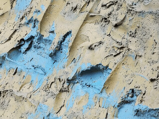 Close-up view of an abstract textured surface with beige and blue paint.
