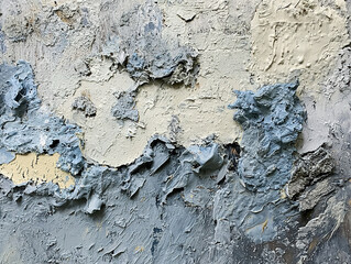 Abstract painting with thick, textured brushstrokes in shades of grey, blue, and white.