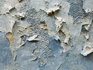 Close-up of an abstract painting with a textured, peeling surface in shades of grey, blue, and gold.