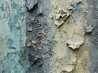 Close-up detail of an abstract painting with thick, textured impasto paint in shades of grey, blue, green and beige.