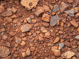 Overhead view of a ground surface covered with numerous red and brown rocks and stones of various sizes.