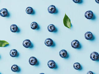 Overhead shot of blueberries arranged in a pattern on a light blue background with green leaves.