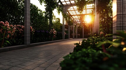 Obraz premium Serene garden path with blooming flowers under a sunset, inviting relaxation and exploration