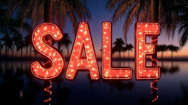 Sale announcement template with palm trees wrapped in fairy lights, bold red text floating over a serene sunset beach, holiday vibes