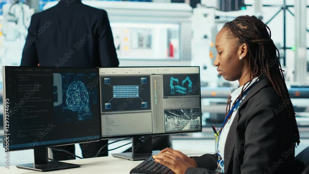 Poster photovoltaics factory programmer using ai technology to monitor system performance. solar panels man