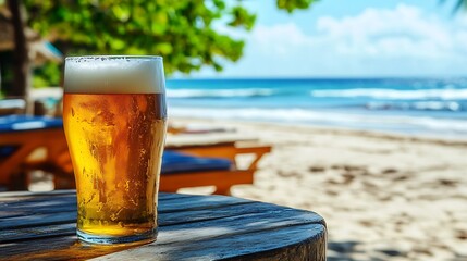 Glass of Beer on a Beach Table at Sunset / 夕暮れのビーチのテーブルに置かれたビール