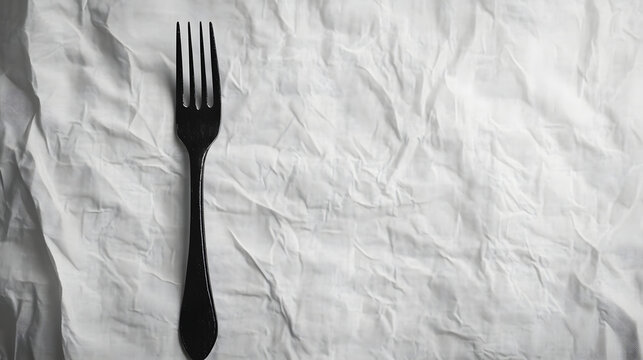 black fork resting on crumpled white napkin creates minimalist and elegant dining scene. contrast highlights simplicity and beauty of everyday objects