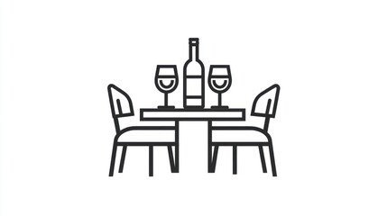 Outdoor dining table and chairs, wine, simple line art illustration