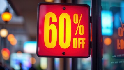 Brightly colored sign indicating a significant discount of 60% off in a retail setting.