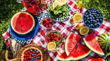 Red, White, and Blue Picnic Setup on Checkered Tablecloth with Fruit