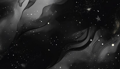 Abstract cosmic marble design, swirling black and grey patterns with scattered stars.  Background use