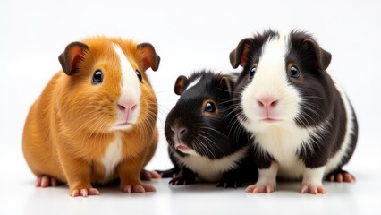 Fototapeta premium Three Abby guinea pigs with different fur colors sitting together on a white background.