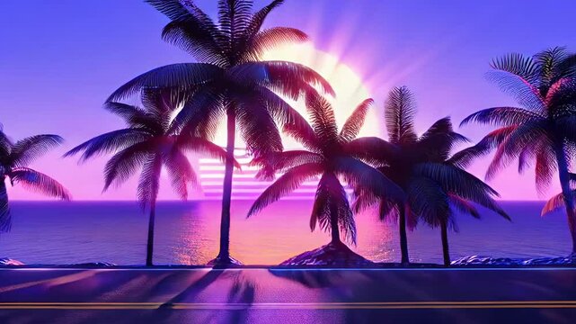 purple synthwave themed backdrop with palm trees